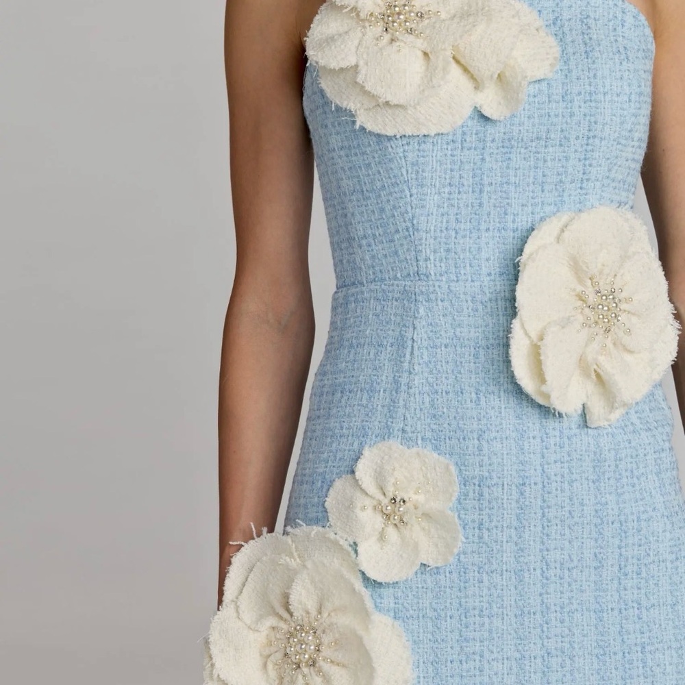 Mac Duggal Strapless Light Blue Midi Dress with Cream Floral Appliqués - Picture 2 of 4
